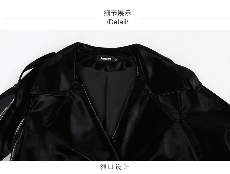 Nerazzurri Autumn Long Cool Black Shiny Glitter Patent Faux Leather Trench Coat for Women Sashes Double Breasted Europe Fashion