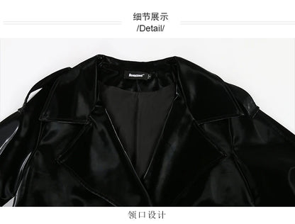 Nerazzurri Autumn Long Cool Black Shiny Glitter Patent Faux Leather Trench Coat for Women Sashes Double Breasted Europe Fashion