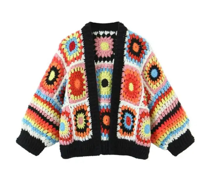 BOHO Geometric Plaid Hand Made Crochet Cardigan Woman V neck Long sleeve Sweater Open Stitching Knitwear Jumper Holiday
