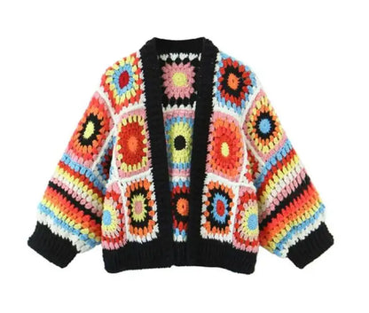 BOHO Geometric Plaid Hand Made Crochet Cardigan Woman V neck Long sleeve Sweater Open Stitching Knitwear Jumper Holiday