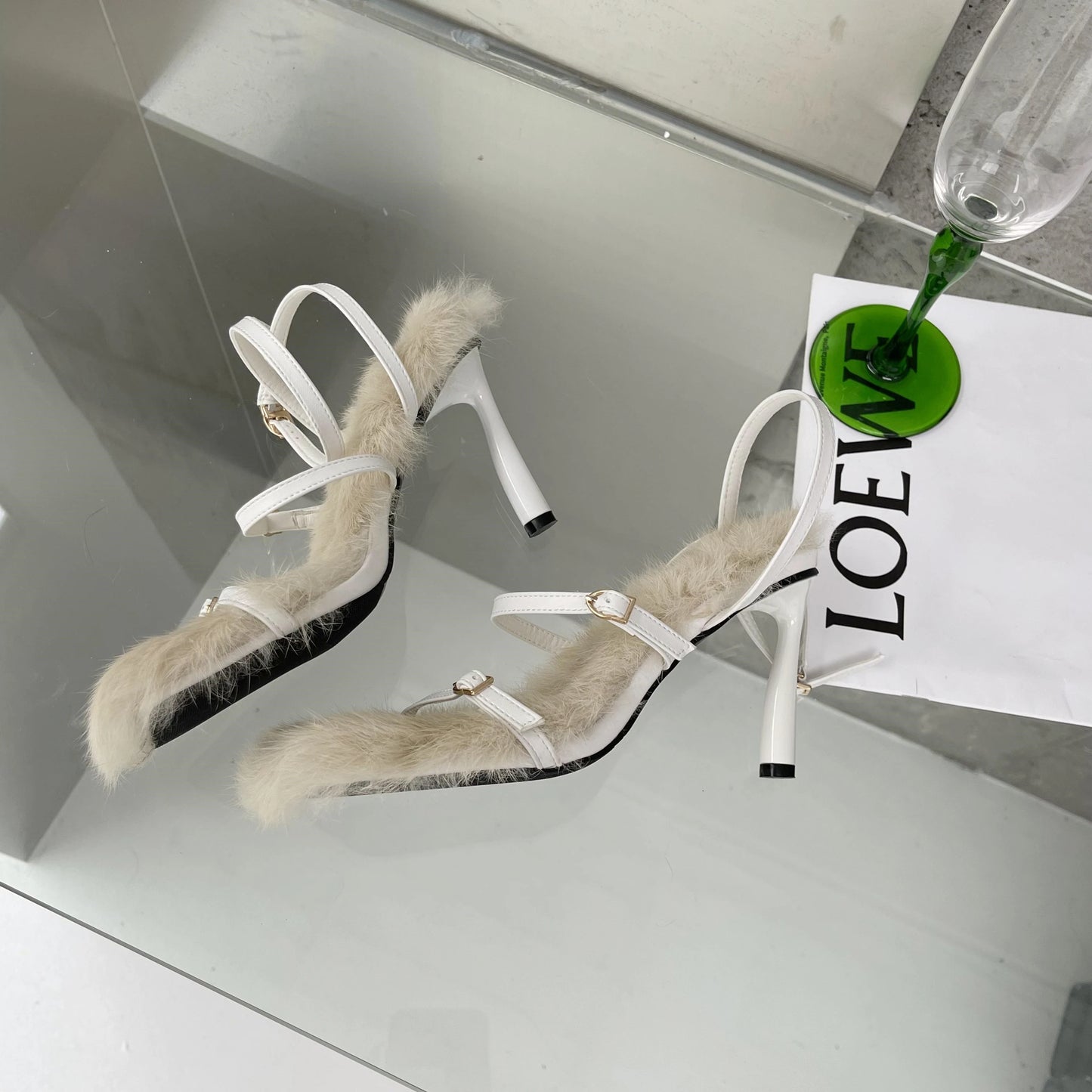 Eilyken 2025 New Brand Plush Fur Fuzzy Sandals Women Thin Heels Fashion Square Toe Ankle Lace Up Buckle Strap Slides Shoes