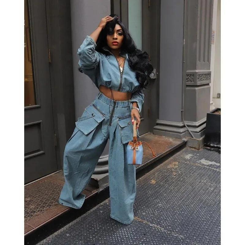 Casual Loose Denim Two Piece Set for Women Streetwear 2023 Autumn Zipper High Collar Crop Top Elastic Waist Wide Leg Cargo Pants