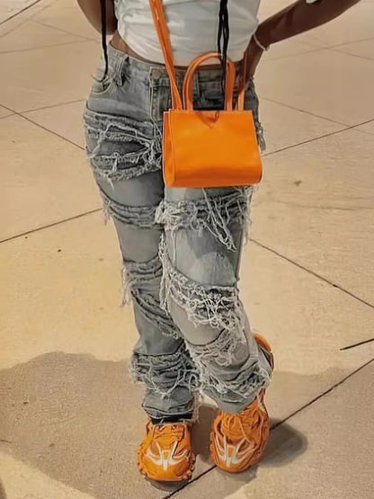 LW Tear Solid High Waist Jeans Women's Clothing  Street Style Tassel Design High Elasticity Pants Casual Trousers Daily Wears