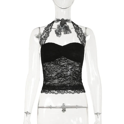 Women's Halter Crop Tops Stylish Solid Sheer Lace Floral Pattern Sleeveless Lace Tank Tops Perfect for Summer Halter Neck Tops