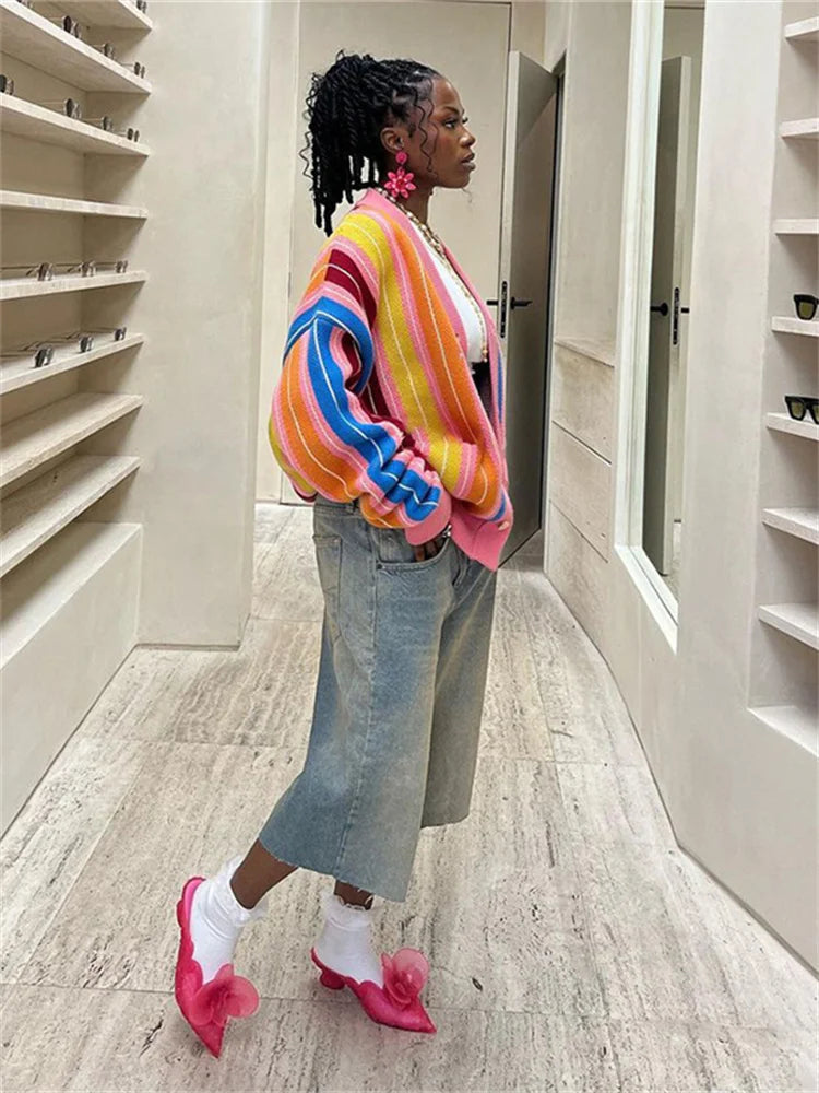Whatiwear Colorful Striped Sweater Woman Y2K Trend Single-Breasted Long Sleeve Street Hipster Wild Loose Classic Cardigan Coats