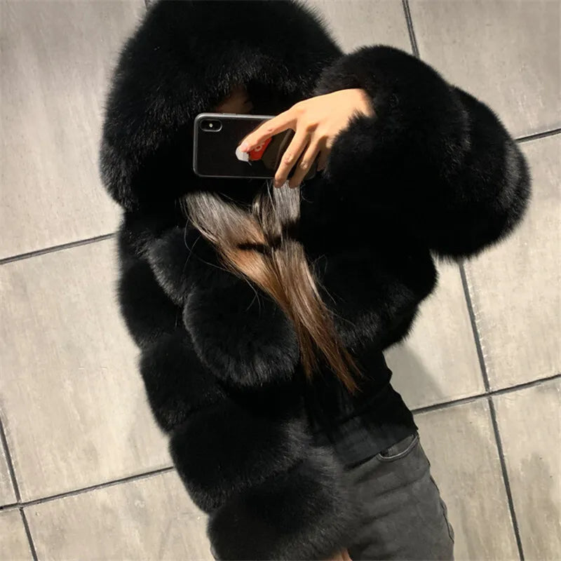 S-6XL Women Coat Autumn Winter Short Hooded Faux Fox Fur Coat Thick Warm Outerwear Fake Fur Woman Jackets Ladies Furry Coats