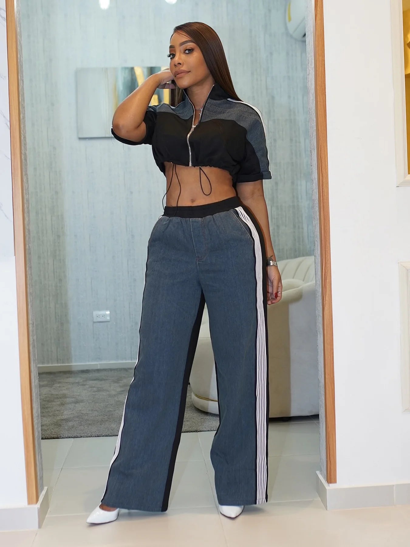Pant Set Women Two Piece Sets Denim Matching Sets Jogger Tracksuit Matching Sets Zipper Tops Wide Leg Long Pants Elastic Waist