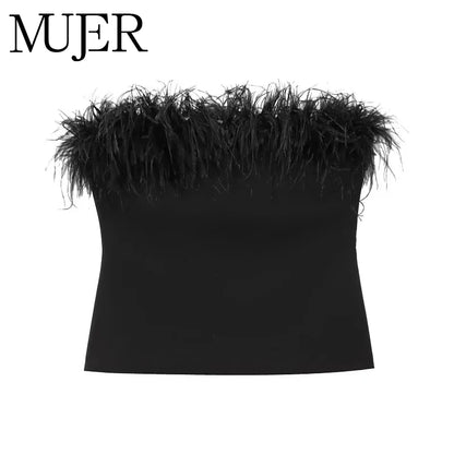 MUJER Black Feather Crop Top Women off Shoulder Corset Top Female Sexy Backless Tube Tops for Women Strapless Bustier Top Woman