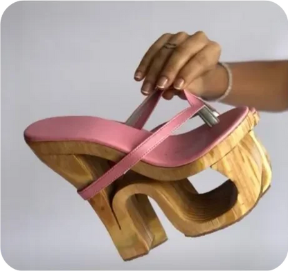 Wooden Heel Flip Flop Slippers Pink Leather Runway 2025 Round Toe New Arrivals Block Heel Dress Sandals Handmade Shoes