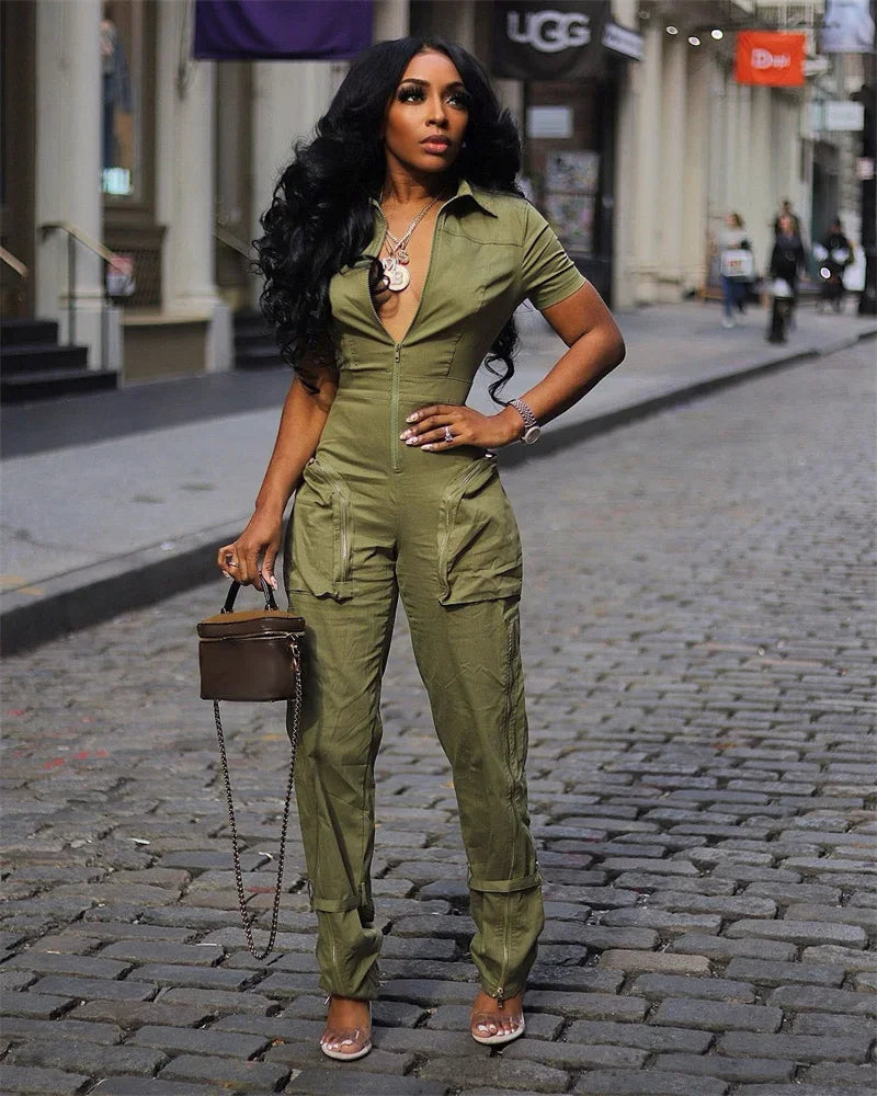 Streetwear Front Zipper Turn-down Collar Cargo Jumpsuit Women Short Sleeve Multiple Pockets One Pieces Romper Casual Overalls