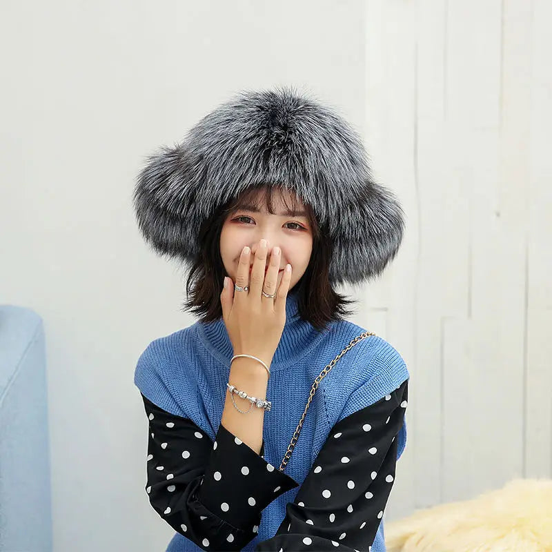 2025 100% Real Fox Fur Hats Women's Russian Ushanka Aviator Trapper Snow Skiing Hat Caps Earflap Winter Raccoon Fur Bomber Hat