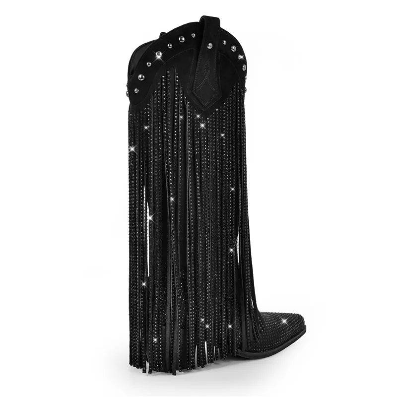 Onlymaker Women Sliver Rhinestone Fringe Knee High Western Boots Big Size Block Heel Pull-On Cowgirl Boots