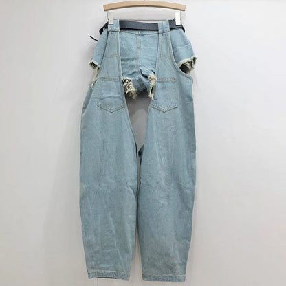 DEAT Fashion Women's Worn-out Hole Belt Denim Pants Splicing Low Waisted Shorts Two-piece Set Female 2024 Autumn New 11A01141