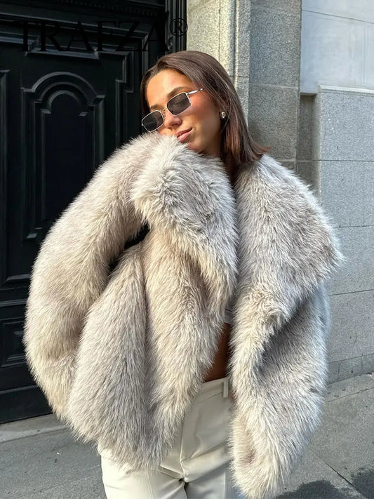 TRAFZA Female Vintage Artificial Fur Effect Coats Lapel Warm Plush Long Sleeves Hidden Buttons Autumn Winter Casual Outerwear