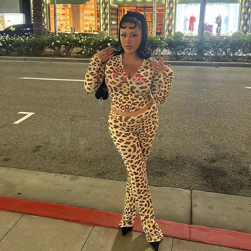 FAGADOER Sexy Leopard Print 2 Piece Sets Women Outfit Long Sleeve Zipper Hooded Crop Jacket + Flare Pants Suits Female Clothing