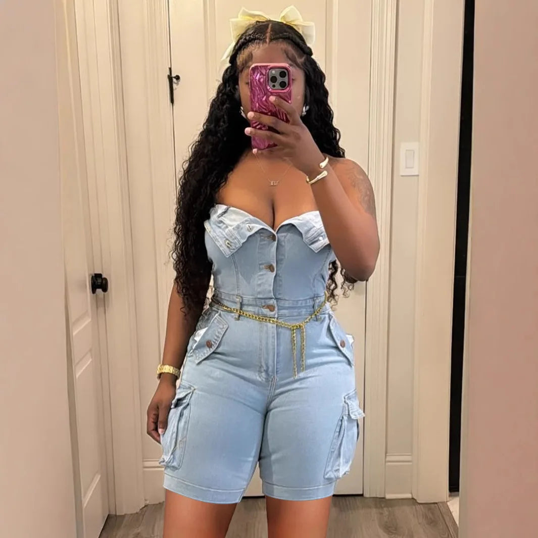 FAGADOER Fashion Cargo Pocket Patchwork Denim Romper Women Button Backless Sleeveless Jumpsuit Female Streetwear Overalls 2025