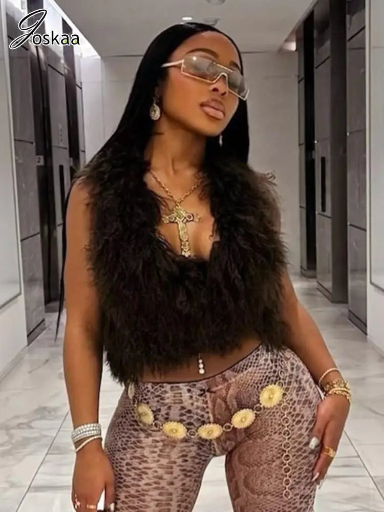 Joskaa Sexy Faux Fur Waistcoat Women Furry Backless Bandage Halter Crop Vests Coat 2025 Fashion Warm Outerwear Y2K Streetwear