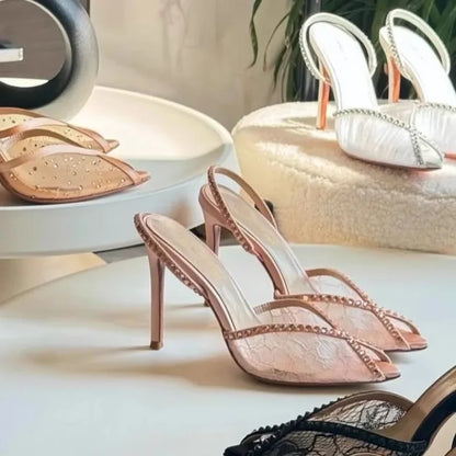 Rhinestone Lace Pointed Toe Women Sandals Ankle Strap Buckle Thin High Heels Solid Slingback Sexy Summer Shoes Luxury 2025 New
