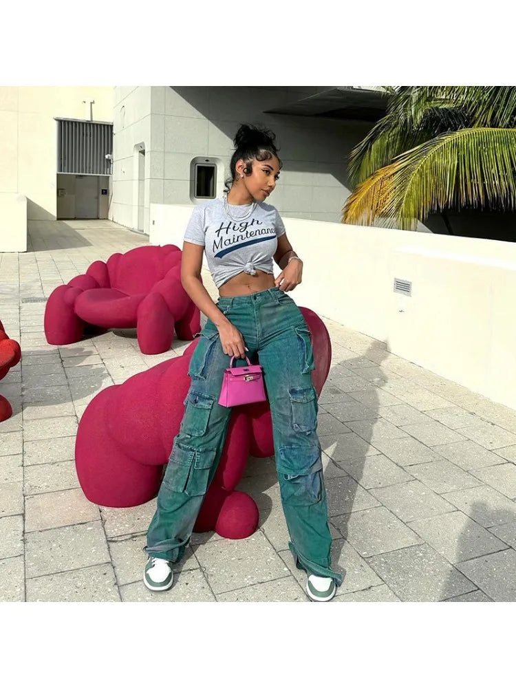 Solid Casual Baggy Cargo Pants for Women Youthful Female Trousers Multi-pocket Fashion Vintage Women's High Waist Wide Pants
