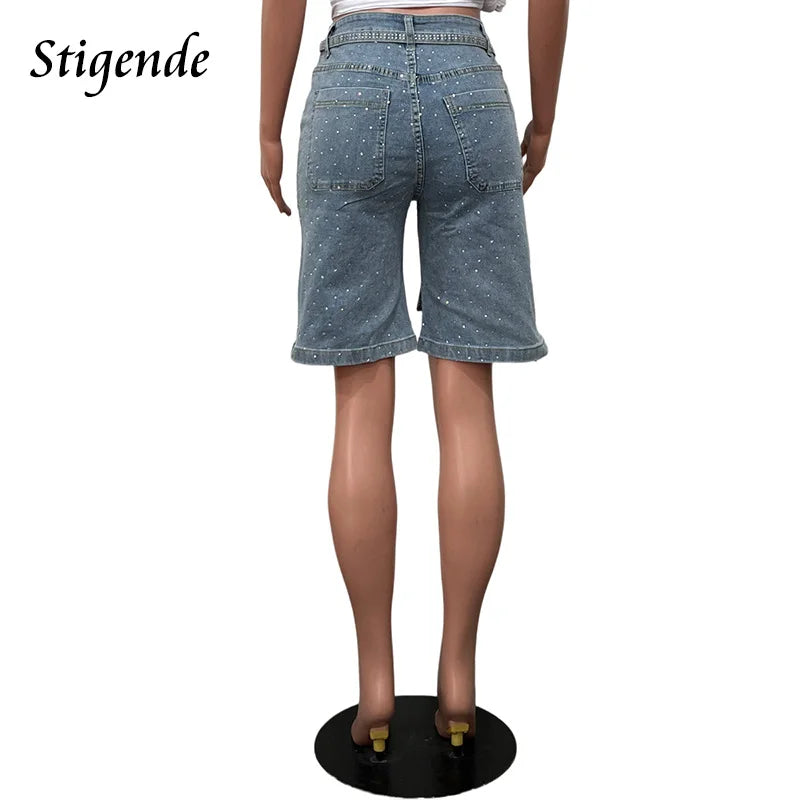 Stigende Women Sexy Rhinestone Denim Shorts with Belt Wide Leg Sequin Short Jeans