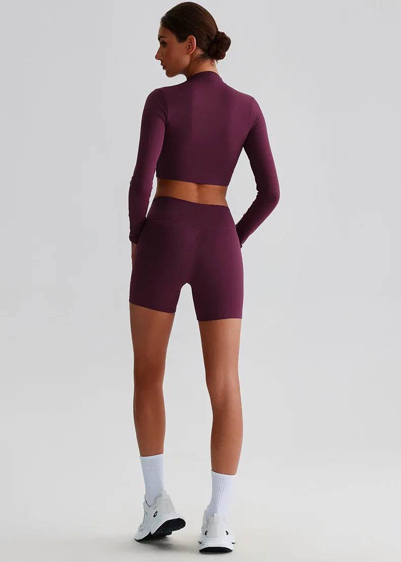 Customized LOGO Women's Skin-friendly Sports Yoga Clothing Slim Elastic Jacket Fitness Shorts Long Sleeve Two-piece Set