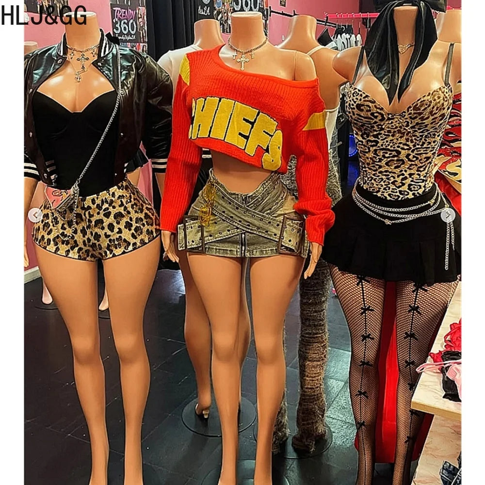 HLJ&GG Red Retro Letter Print Knitting Sweater 3 Piece Sets Women Round Neck Long Sleeve Crop Top And Denim Mini Skirts Outfits