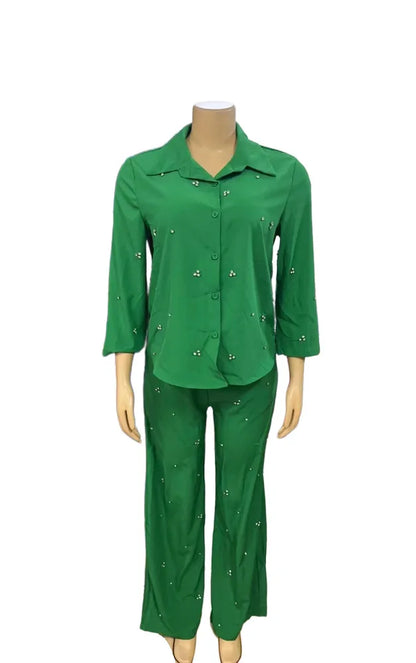 Women Sets Single Breasted Blouses Turn Down Collar Tops Two Pieces Diamonds Ankle Length Straight Pant Pockets Casual Loose