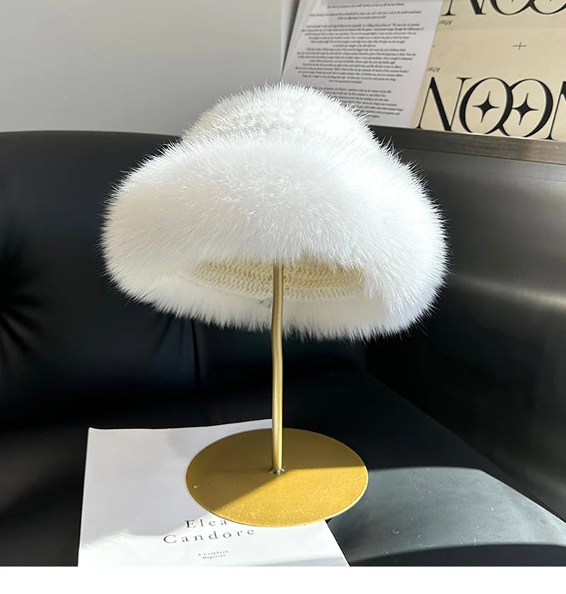 New Genuine Real Natural Knitted Mink Fur Hat Cap Luxury Women Handmade Knit Fashion Winter Headwear Warm Real Fox Fur Beanies