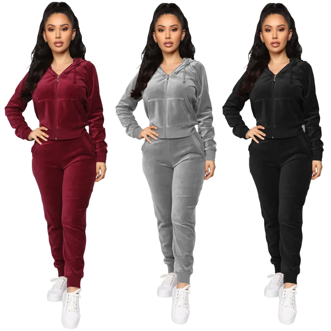 Women Pant Sets Comfortable Velvet Matching Sets Two Piece Set Autumn Loose Zipper Hoodie Jacket Elastic Waist Skinny Pants Sets