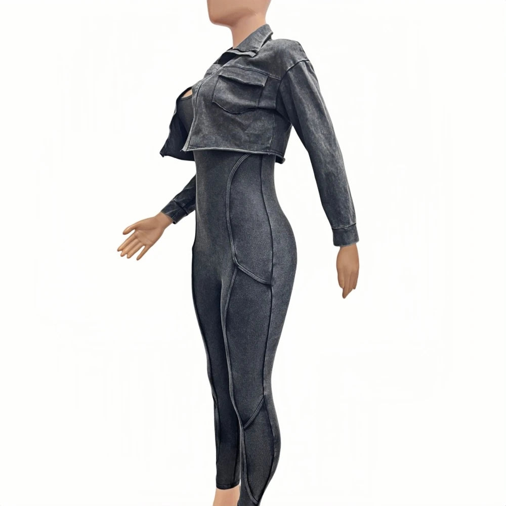 FAGADOER High Quality Rib Women 2 Piece Set Outfit Fashion Long Sleeve Crop Jacket + Bodycon Jumpsuits Suits Clothing 2025 New