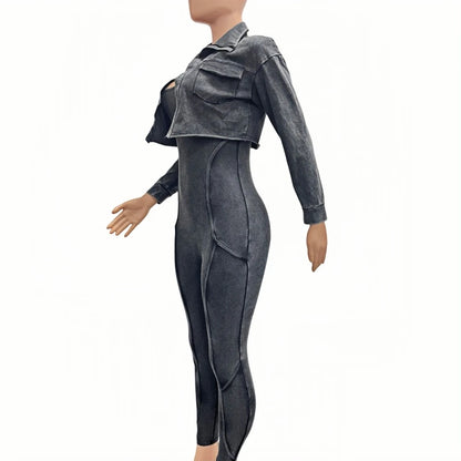 FAGADOER High Quality Rib Women 2 Piece Set Outfit Fashion Long Sleeve Crop Jacket + Bodycon Jumpsuits Suits Clothing 2025 New