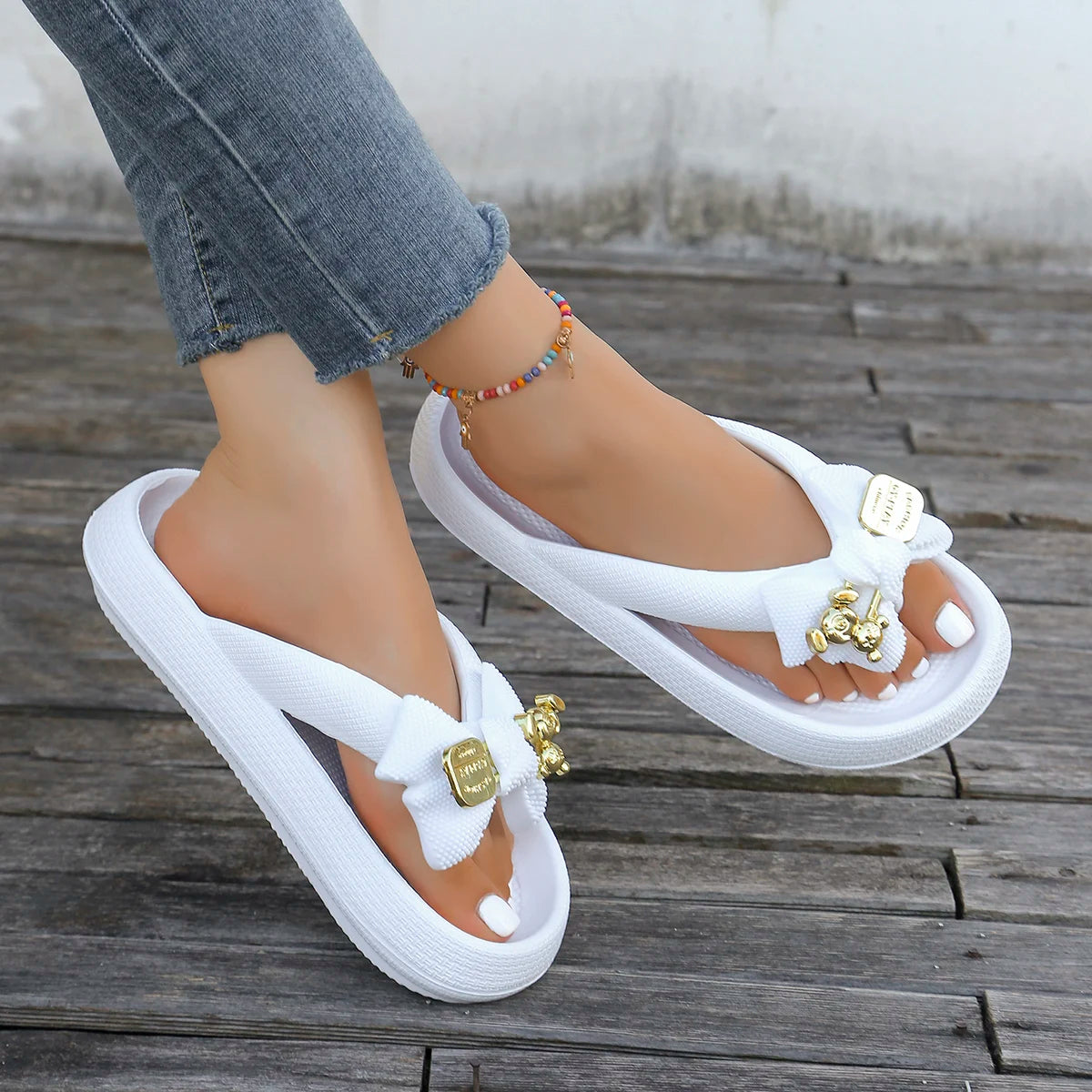 Summer Women Multi-Color Flip Flops Fashion Metallic Teddy Bear Bow Slide Sandal Beach Vacation Home shower Versatile Footwear