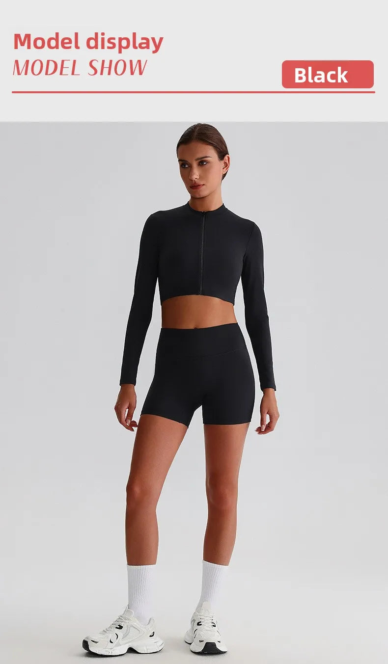 Customized LOGO Women's Skin-friendly Sports Yoga Clothing Slim Elastic Jacket Fitness Shorts Long Sleeve Two-piece Set