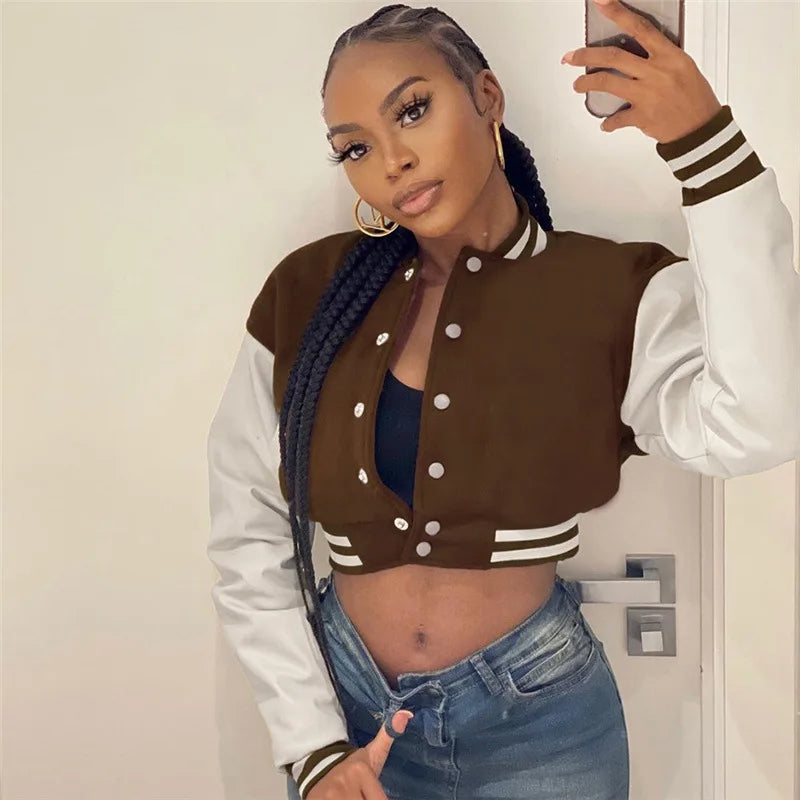 Women Crop Vintage Varsity Jacket Faux Leather Patchwork Long Sleeve Button Down Bomber Jackets Casual Baseball Jersey Jackets