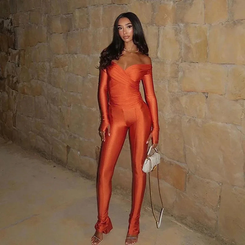 Simenual Casual Skinny Women Two Piece Set Sexy Deep V Crop Tops High Waist Pants Cyber Y2K Outfits Slim Co Ord Suits Streetwear