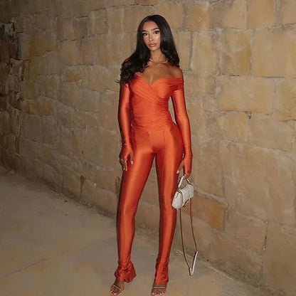 Simenual Casual Skinny Women Two Piece Set Sexy Deep V Crop Tops High Waist Pants Cyber Y2K Outfits Slim Co Ord Suits Streetwear
