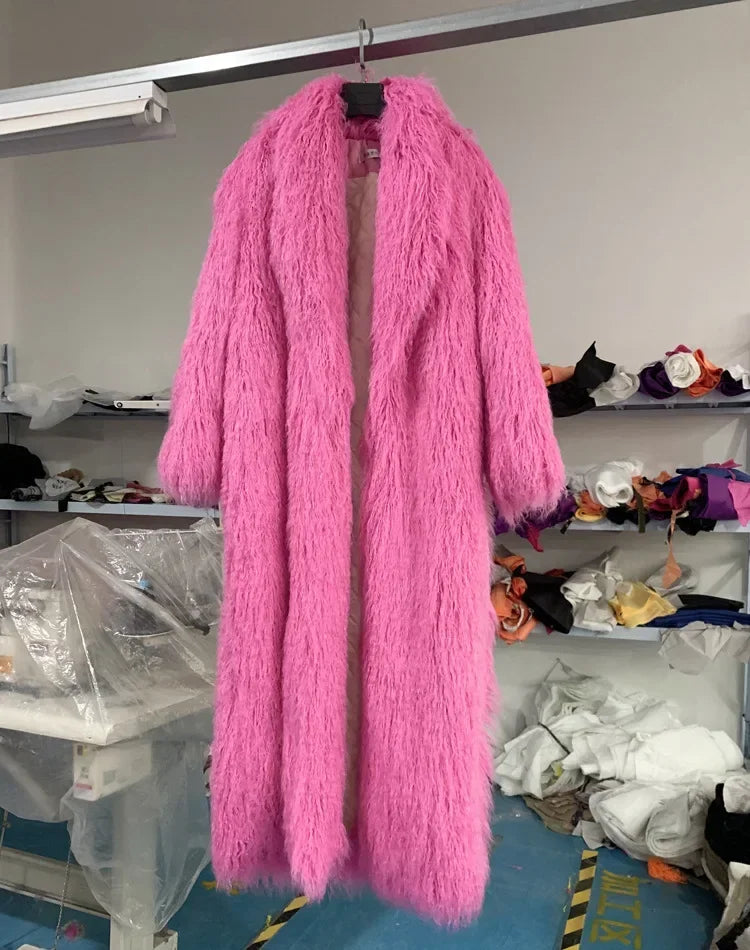 Women Faux Sheep Fur Long Coat Cardigan Thermal Loose Maxi Jackets Plush Coats Female Jacket Autumn Winter Furry Outerwear