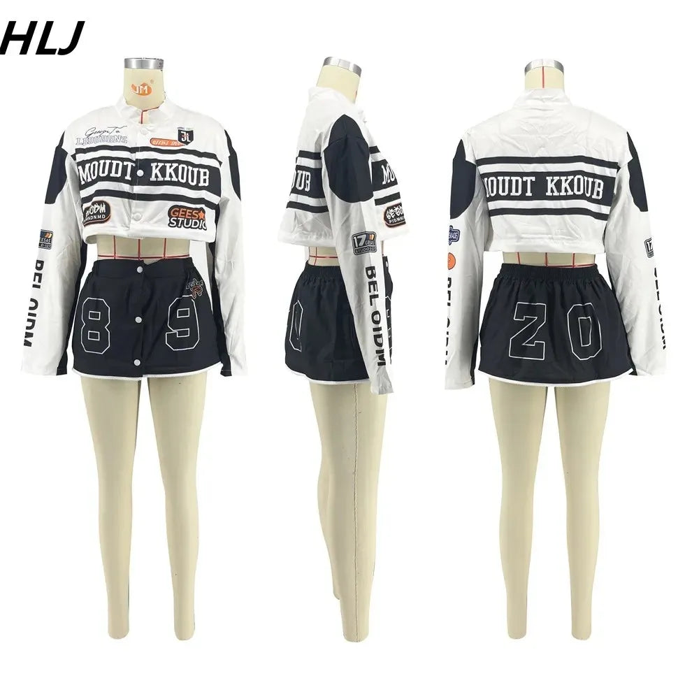 HLJ Letter Print Two Piece Outfits 2023 Autumn Winter Casual Sporty Baseball Coat Skirts Suits Detachable Buttons Y2k Streetwear
