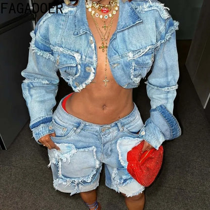 FAGADOER Summer New Fashion Denim 2 Piece Sets Woman Outfit Long Sleeves Patchwork Crop Jacket + Short Female Streetwear New