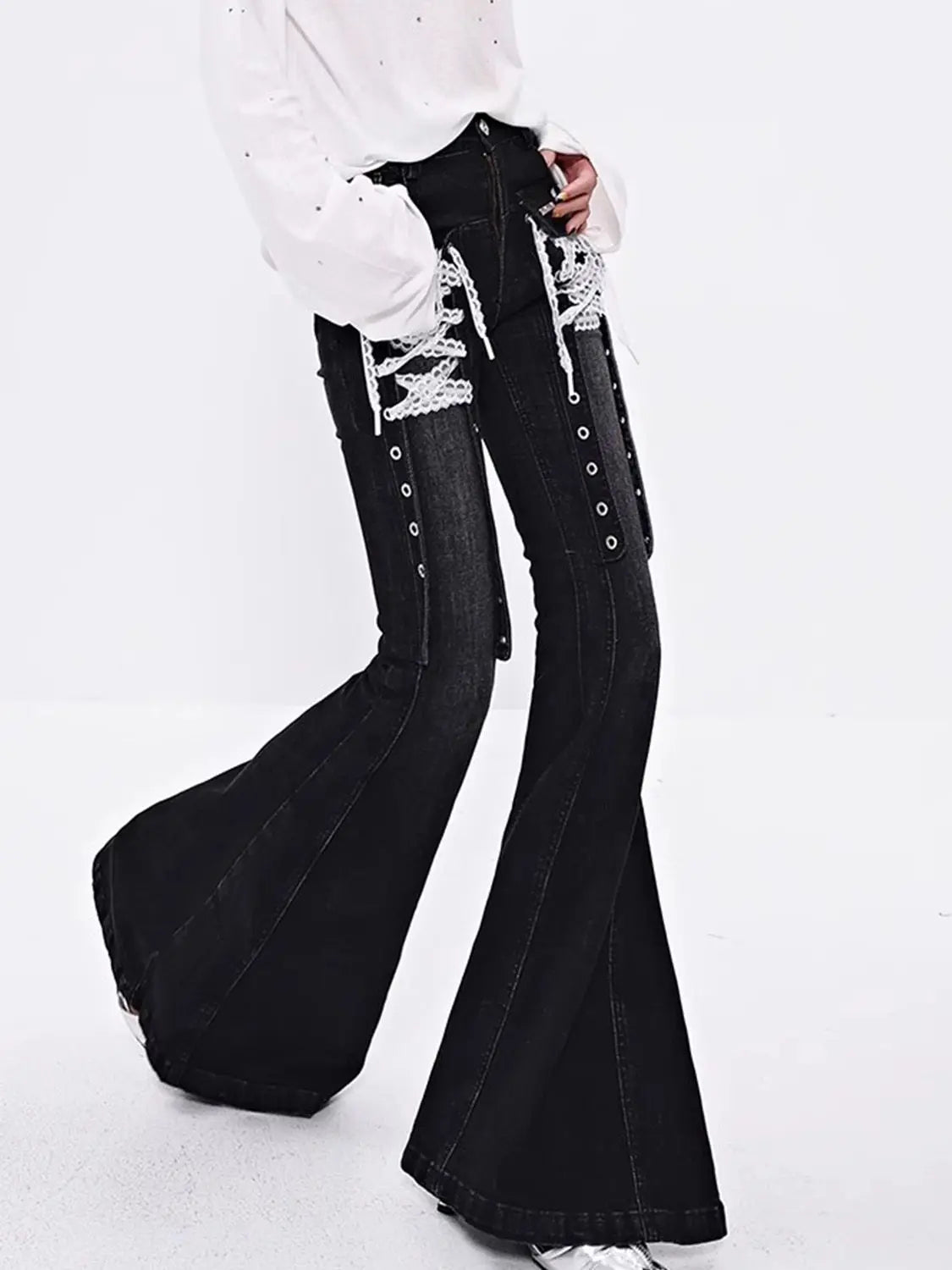 European White Y2k Lace Strap Micro Flared Jeans for Women Hot Girls Street Low Waist Slim Fit and Slimming Floor Length Pants