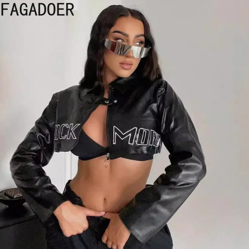 FAGADOER Y2k Punk Gothic Leather Jacket Women Cropped Lapel Letter Embroidery Moto Jackets Coat Short Female Streetwear New