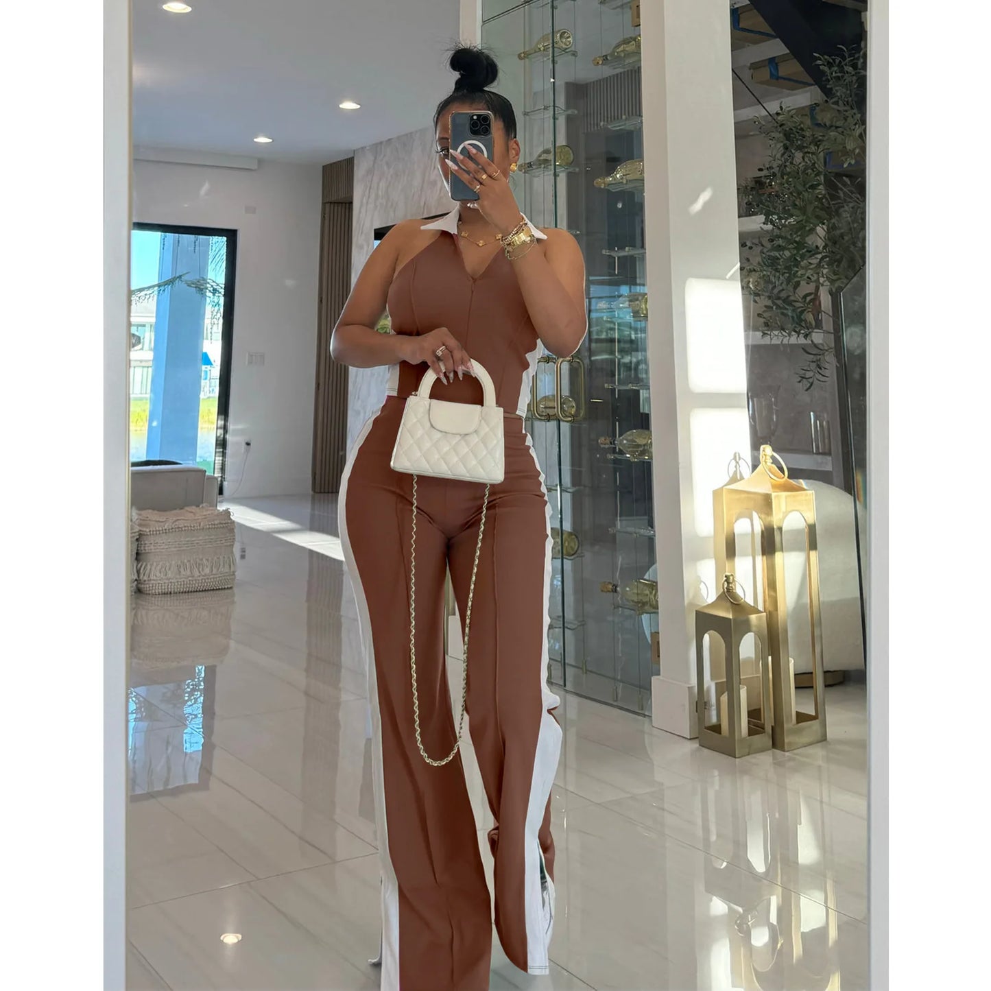CM.YAYA Sporty Patchwork Women's Set Sleeveless Polo-tank Tops and Slit Flare Pants 2025 Active Two 2 Piece Set Outfit Tracksuit