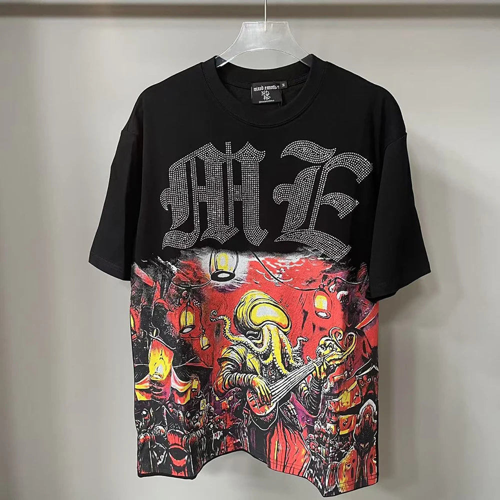 New Summer Letter Rhinestone Short Sleeve Black Mens Tshirts Streetwear Cotton Loose Round Neck Top Tees Oversized Unisex Tshirt