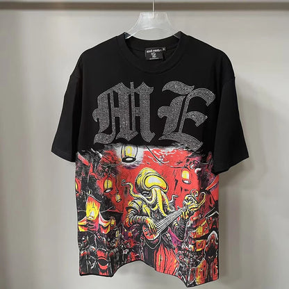 New Summer Letter Rhinestone Short Sleeve Black Mens Tshirts Streetwear Cotton Loose Round Neck Top Tees Oversized Unisex Tshirt