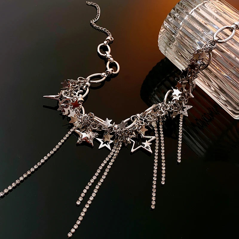 Silver Color Hollow Star Choker Necklaces For Women Long Tassel Rhinestone Imitation Pearl Chain Necklaces Statements Jewelry