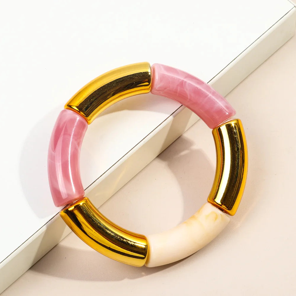FishSheep Trendy Acrylic Stacked Bamboo Beads Bangles Bracelets for Women Bohemian Resin Elastic Beaded Bracelets Set Jewelry