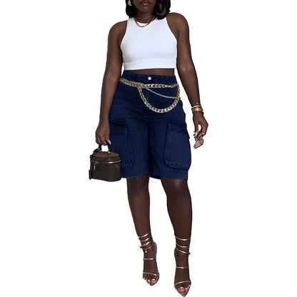 CM.YAYA Women Fashion Pocket Side Straight Knee Length Cargo Jeans 2025 Summer Party Street Short Pants