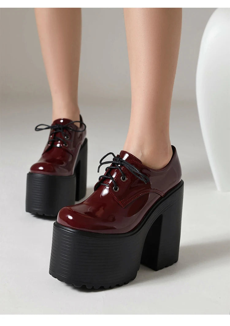 Ultra High Waterproof Platform Shiny Patent Leather Lace Up Women's Pumps Breathable Lining Thick Heels Punk Trendy High Heels