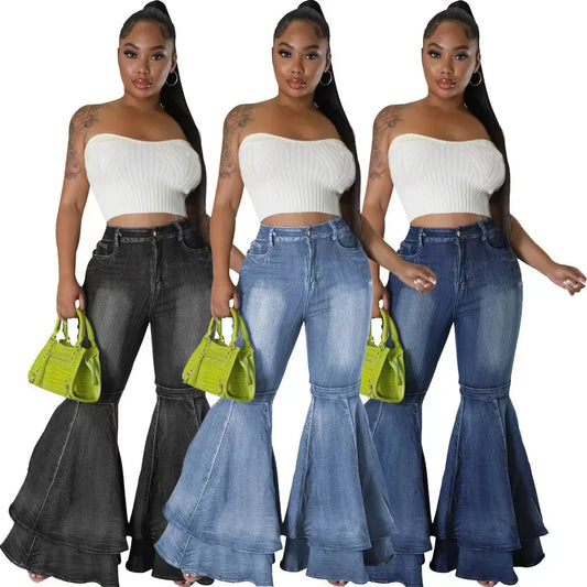 Fashion Versatile Wide Leg Washed Denim Stretch Flared Pants Women