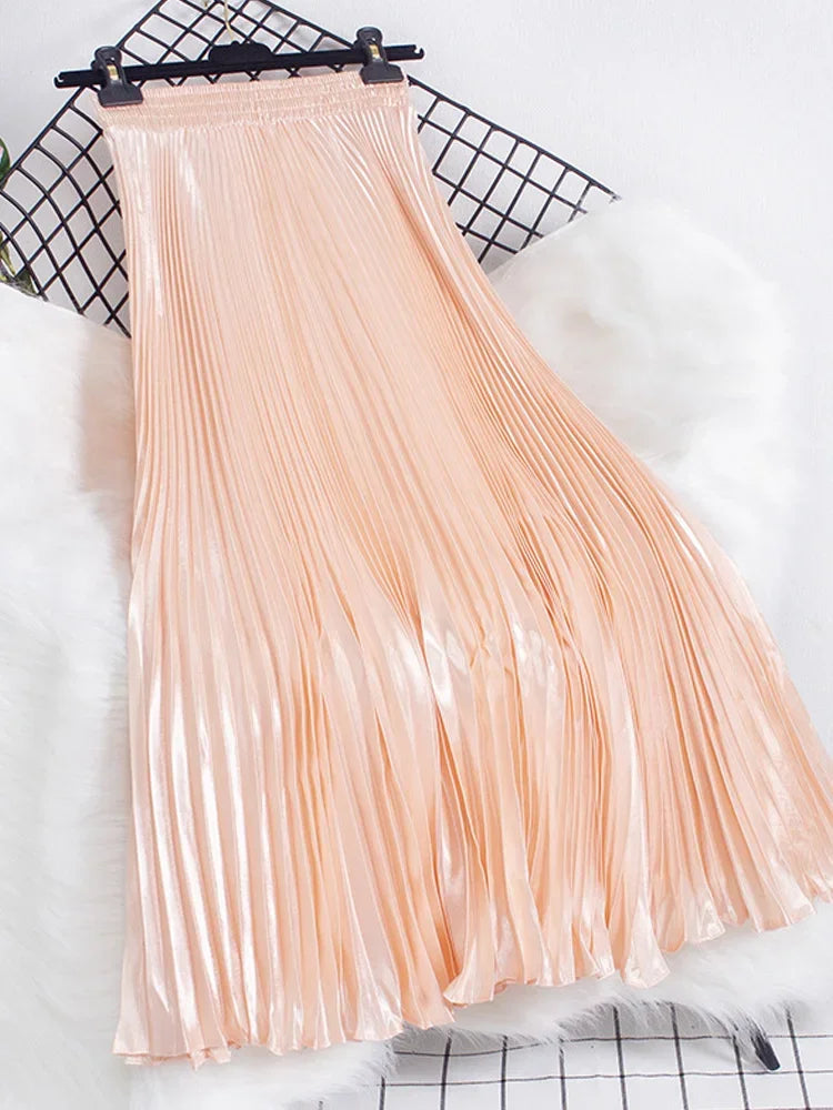 Women's Fashion Pleated Mermaid Long Skirt Korean Style Casual High Waist Satin Flowy Skirts Shiny 19 Colors 2024 Spring SK500